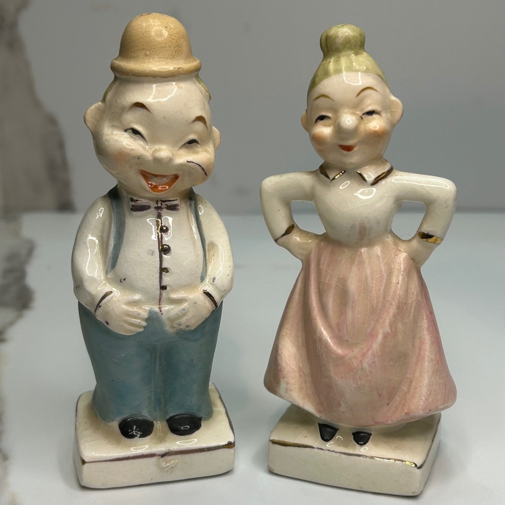 Vintage 2 Sided Happy Grumpy Face Salt Pepper Shakers Japan Ceramic Mid Century